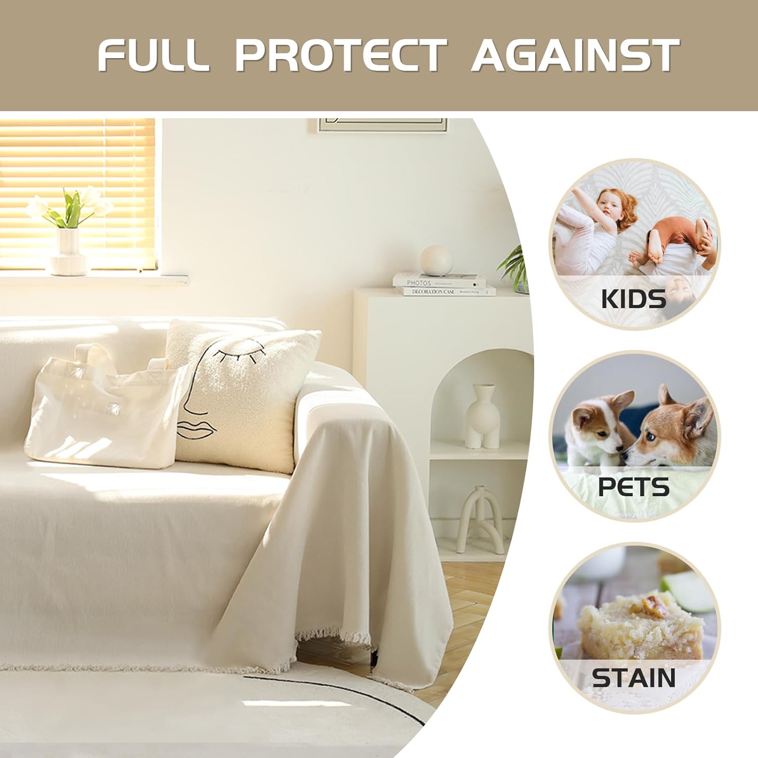 MEETSKY Couch Cover Sectional Sofa Covers Washable Chenille Couch Covers for 2 Cushion L Shape Sofa Slipcover Multi-Use Furniture Protector for Dogs Pets, 71" x 118", Beige