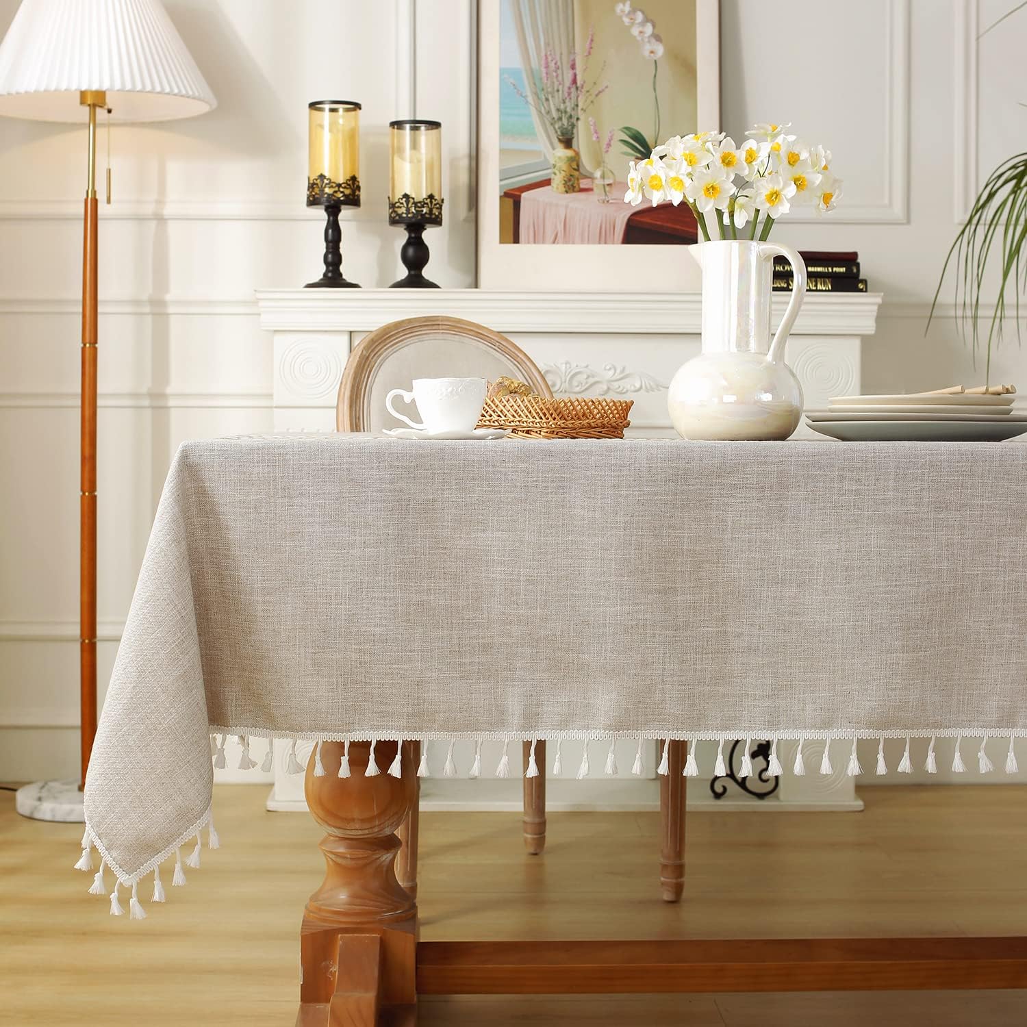 Laolitou Rustic Tablecloth Cotton Linen Waterproof Farmhouse Tablecloth Burlap Table Cloths for Kitchen Dining Cloth Table Cloth for Rectangle Tables Coffee Lines Rectangle,55''x70'',4-6 Seats