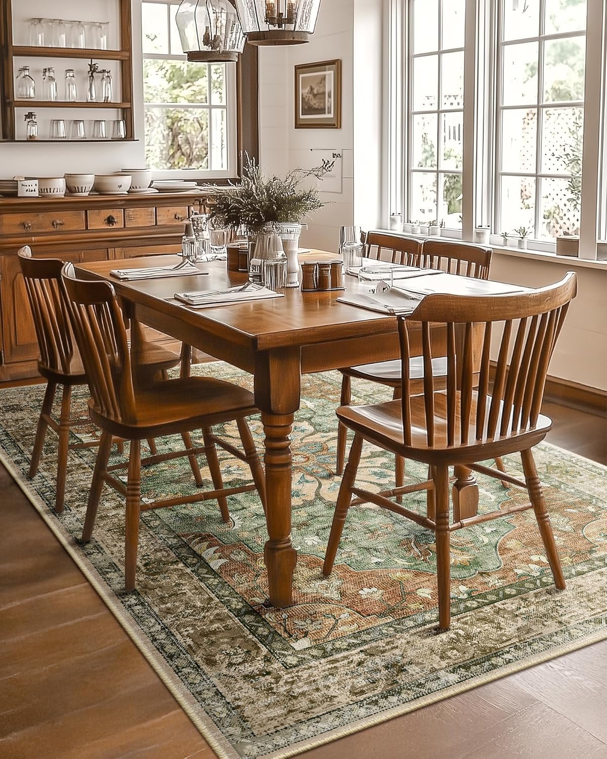 RELEANY Area Rugs 5'x7' Washable Non-Slip, Floral Vintage Distress Print Pattern Medallion Carpet for Living Room Bedroom Dining Room, Brick Red Rust Neutral Brown Burnt Orange Green